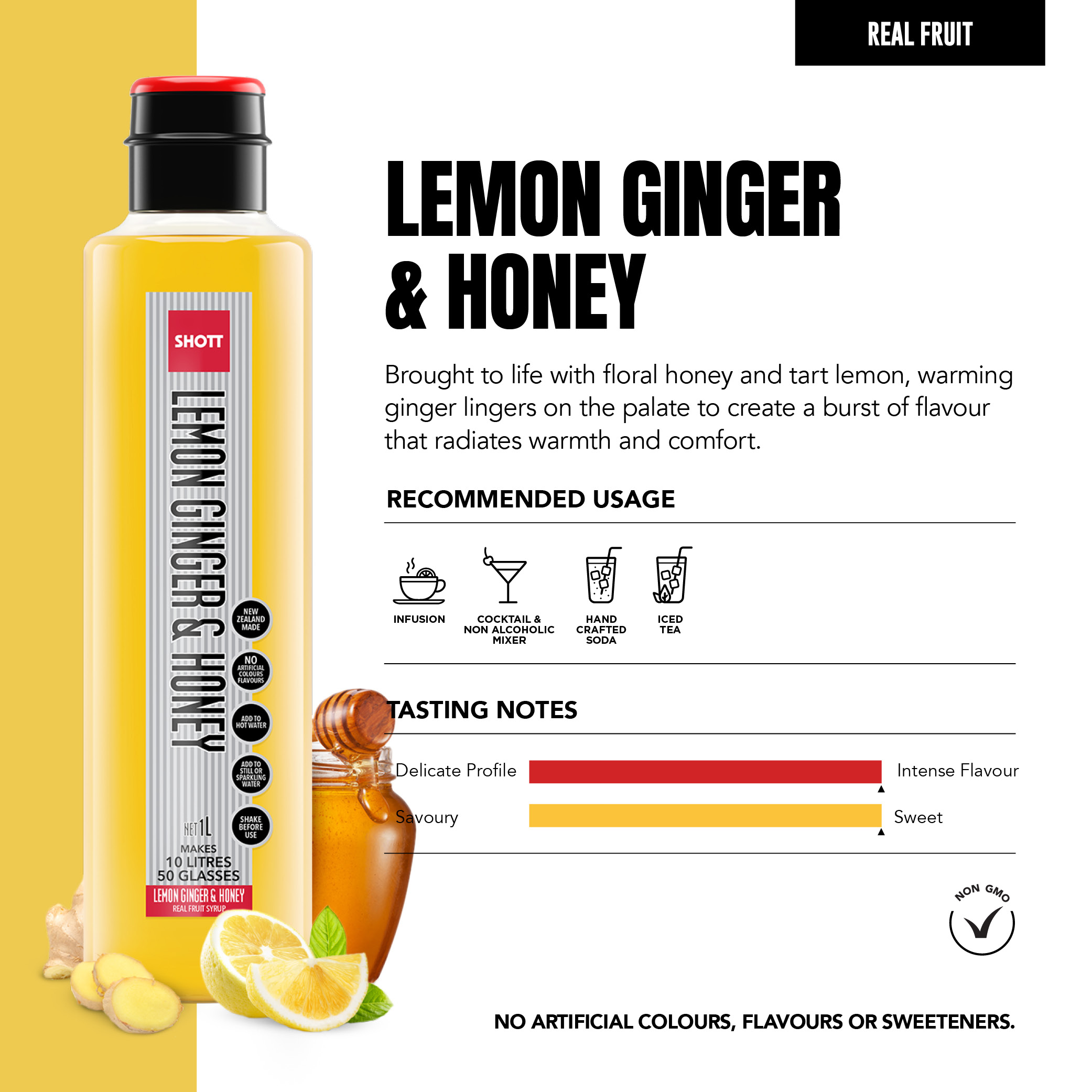 SHOTT Lemon Ginger & Honey 1L real fruit syrup product information with recommended uses and tasting notes