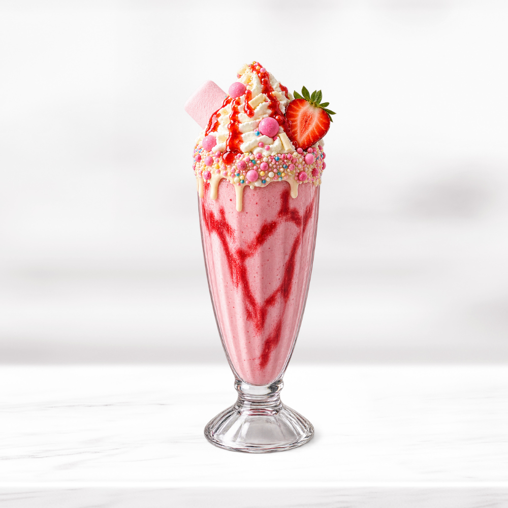 Strawberry berry freakshake topped with whipped cream, strawberry, marshmallow, sprinkles and berry sauce