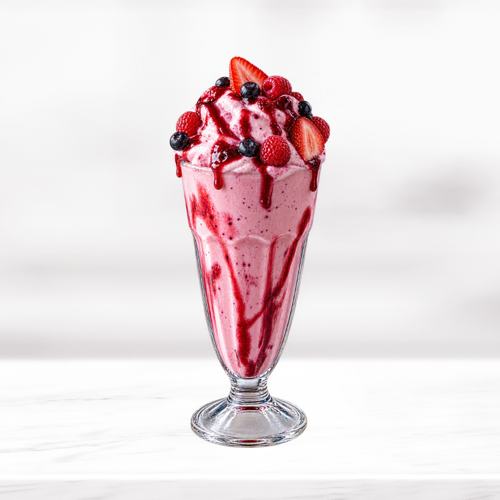 Three berry frappe topped with whipped cream, mixed berries and berry drizzle in a tall glass