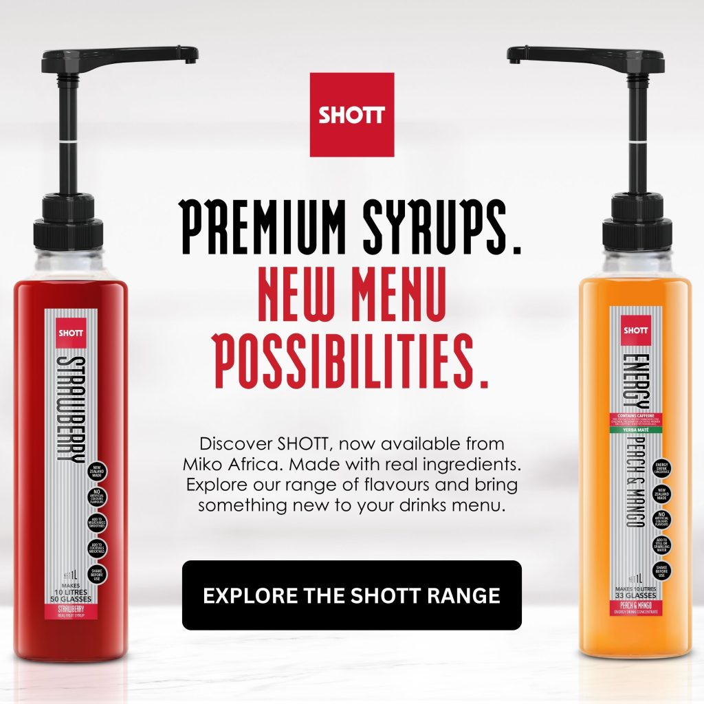 SHOTT premium syrups available from Miko Africa, featuring Strawberry and Energy Peach & Mango flavours